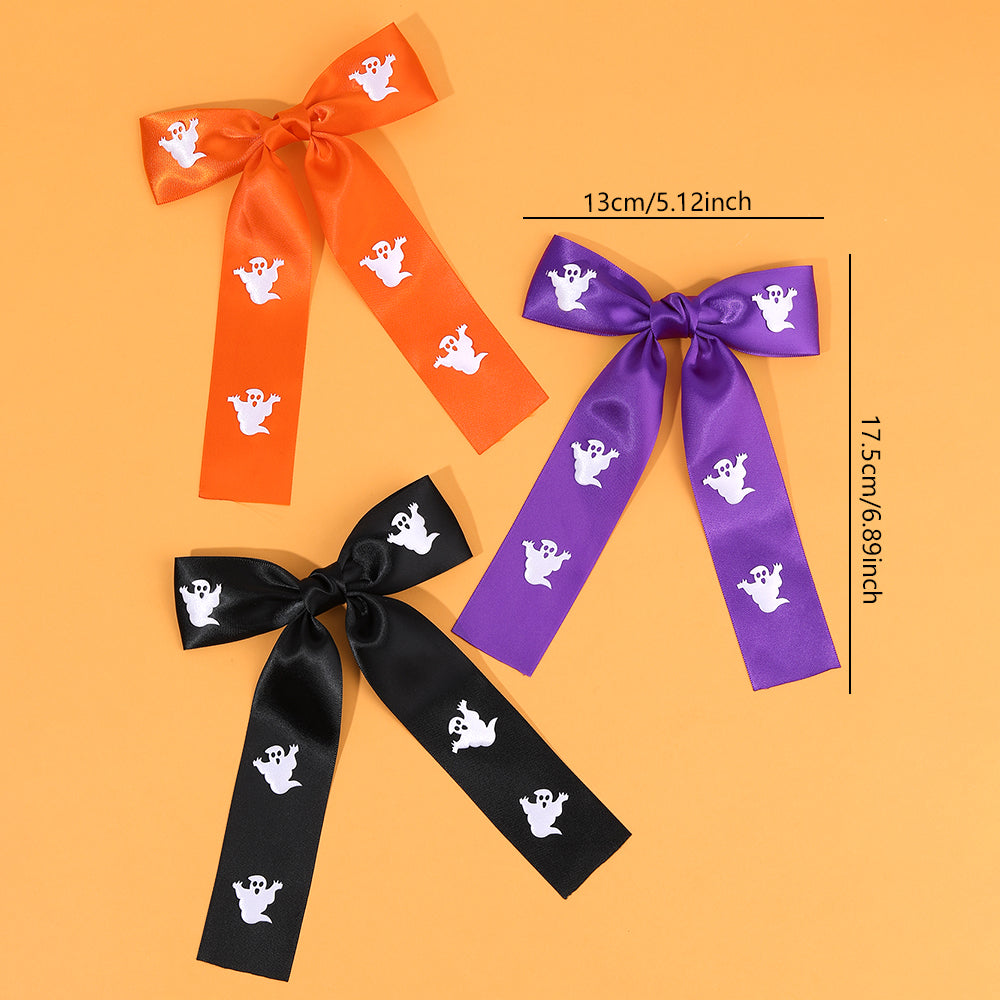 2Pcs Satin Print Ghost Halloween Hair Bow Clip