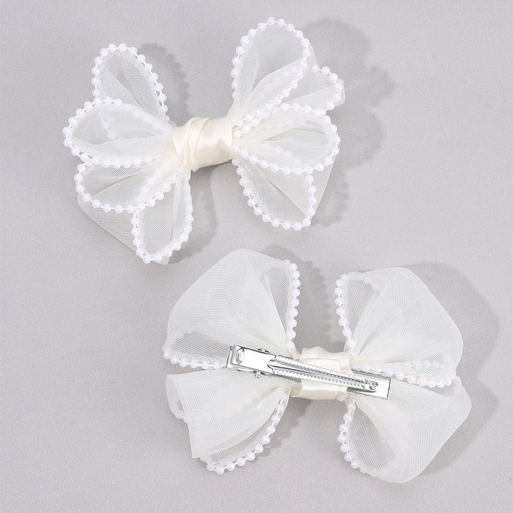 2PCS Mesh Hair Bow Pearl Edge Hair Clip Girls