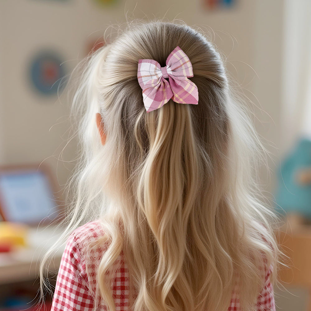 8PCS Girls Check Fabric Hair Bow Clip