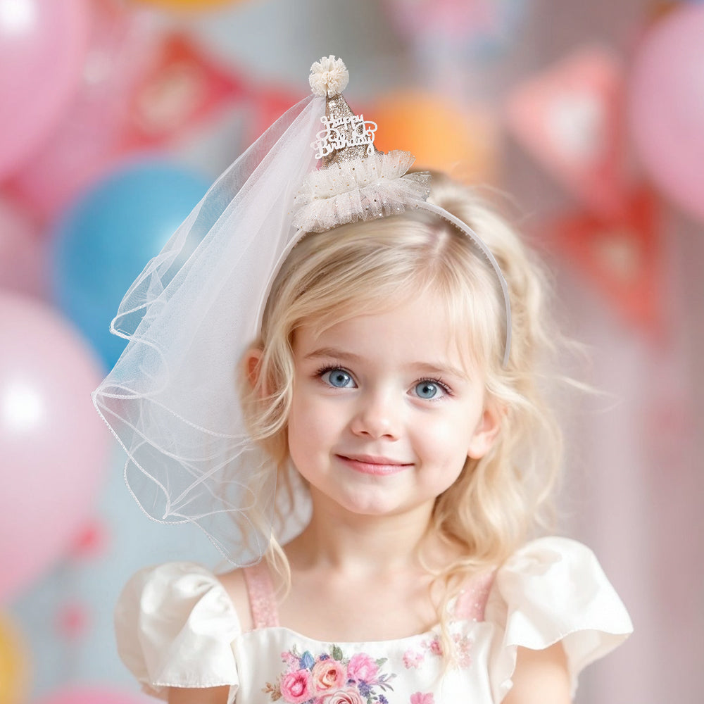 Princess Brithday Crown Party Headband Girls Mesh Veil Hairband
