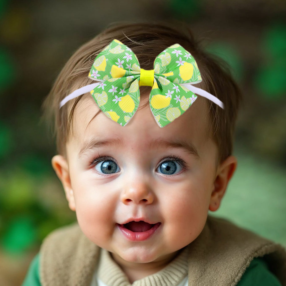 Print Lemon Flower Ribbon Bow Knot Nylon Elastic Headband for Baby Infant Hairband