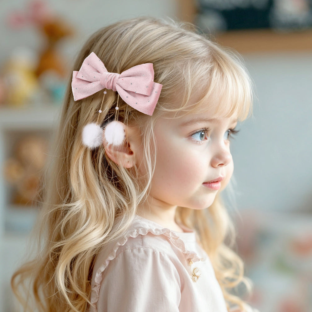 Winter Velvet Hair Bow Rhinestone Pom Pom Tassel Hair Clip Girls
