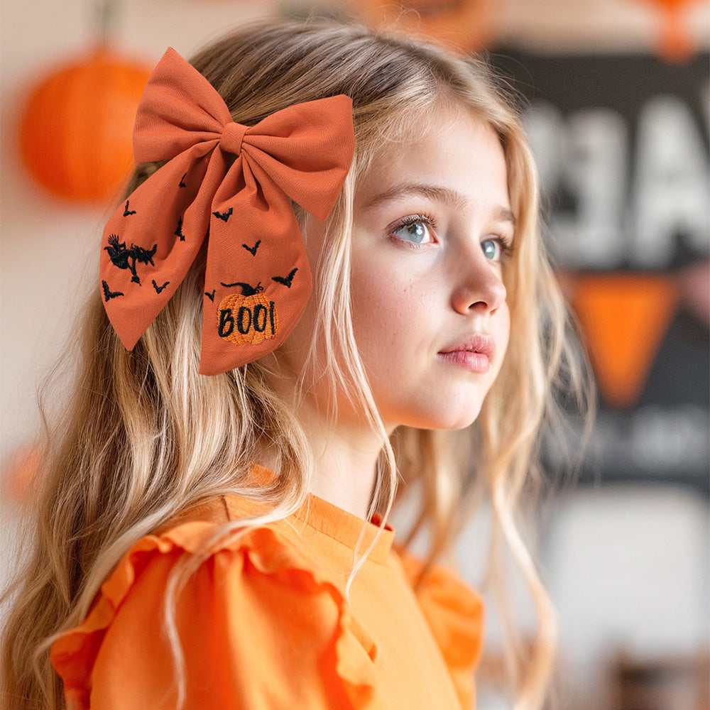 Big Fabric Embroidered Halloween Hair Bow Clip
