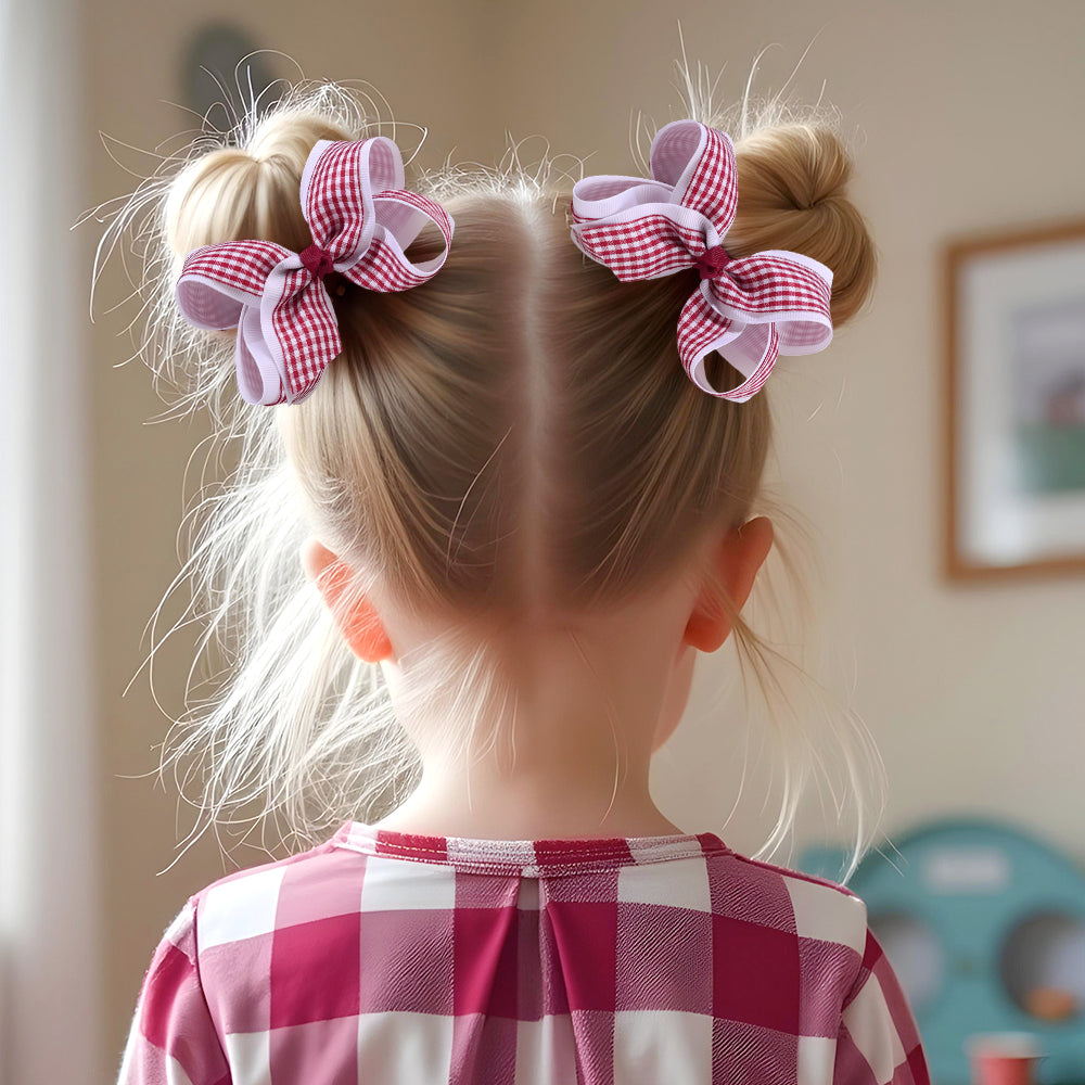 6PCS Checked Ribbon Uniform Hair Bow Clip Girls