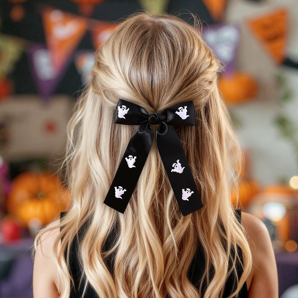 2Pcs Satin Print Ghost Halloween Hair Bow Clip
