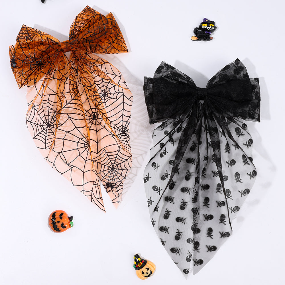 Halloween Large Mesh Long Tails Hair Bow Clip Satin Hair Clip Girls Halloween Accessories
