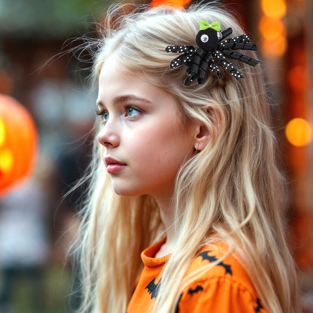 2Pcs Cartoon Spider Curly Ribbon Hair Bow Clip Girls Halloween Hair Clip