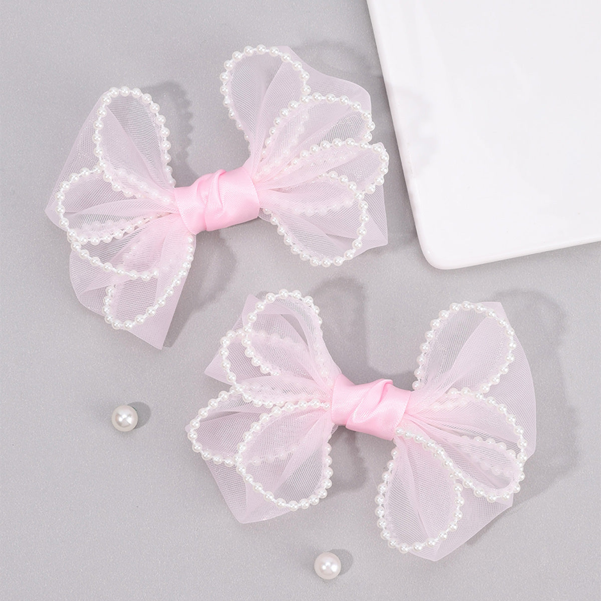 2PCS Mesh Hair Bow Pearl Edge Hair Clip Girls
