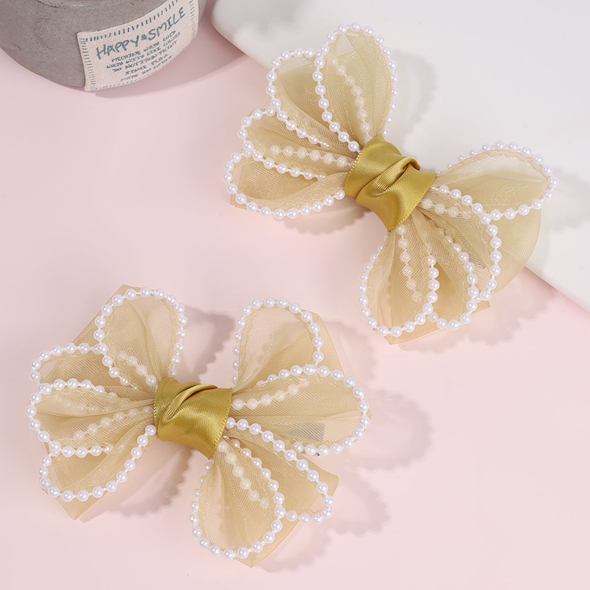 2PCS Mesh Hair Bow Pearl Edge Hair Clip Girls