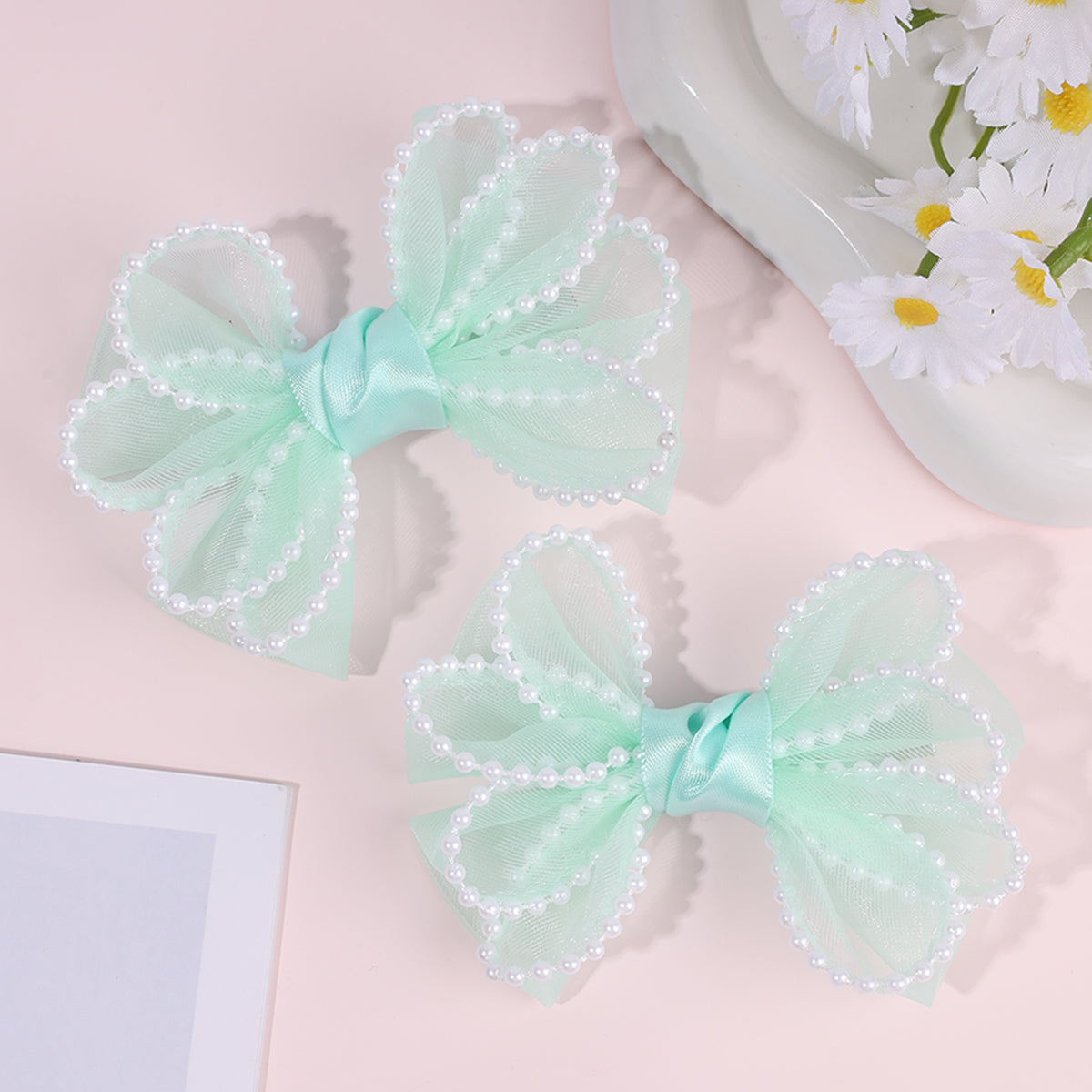 2PCS Mesh Hair Bow Pearl Edge Hair Clip Girls