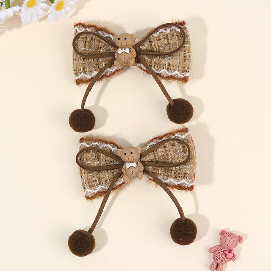 2Pcs Cartoon Bear Hair Pins Velvet Hair Bow Clip Girls