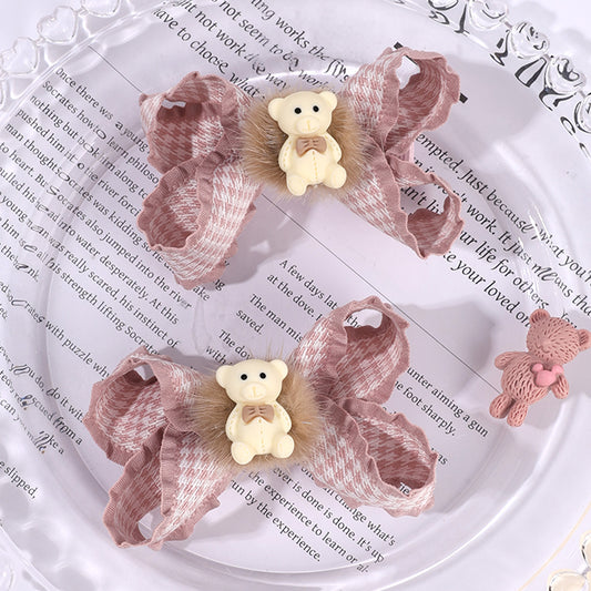 2Pcs Lovely Bear Hair Clip Fabric Scallop Edge Hair Bow Clip