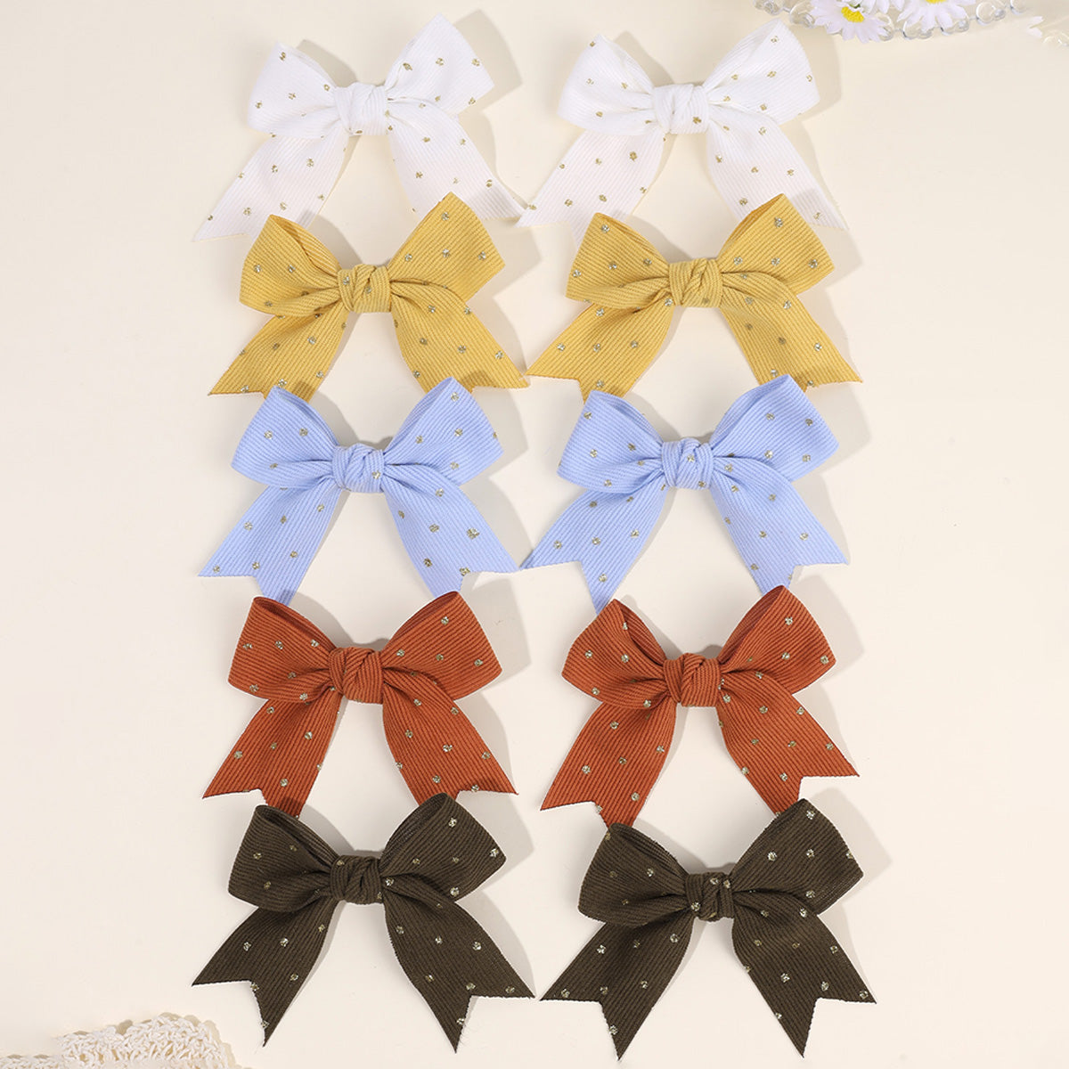 10PCS Solid Color Fabric Bow Gold Polka Hair Bow Clip for Girls