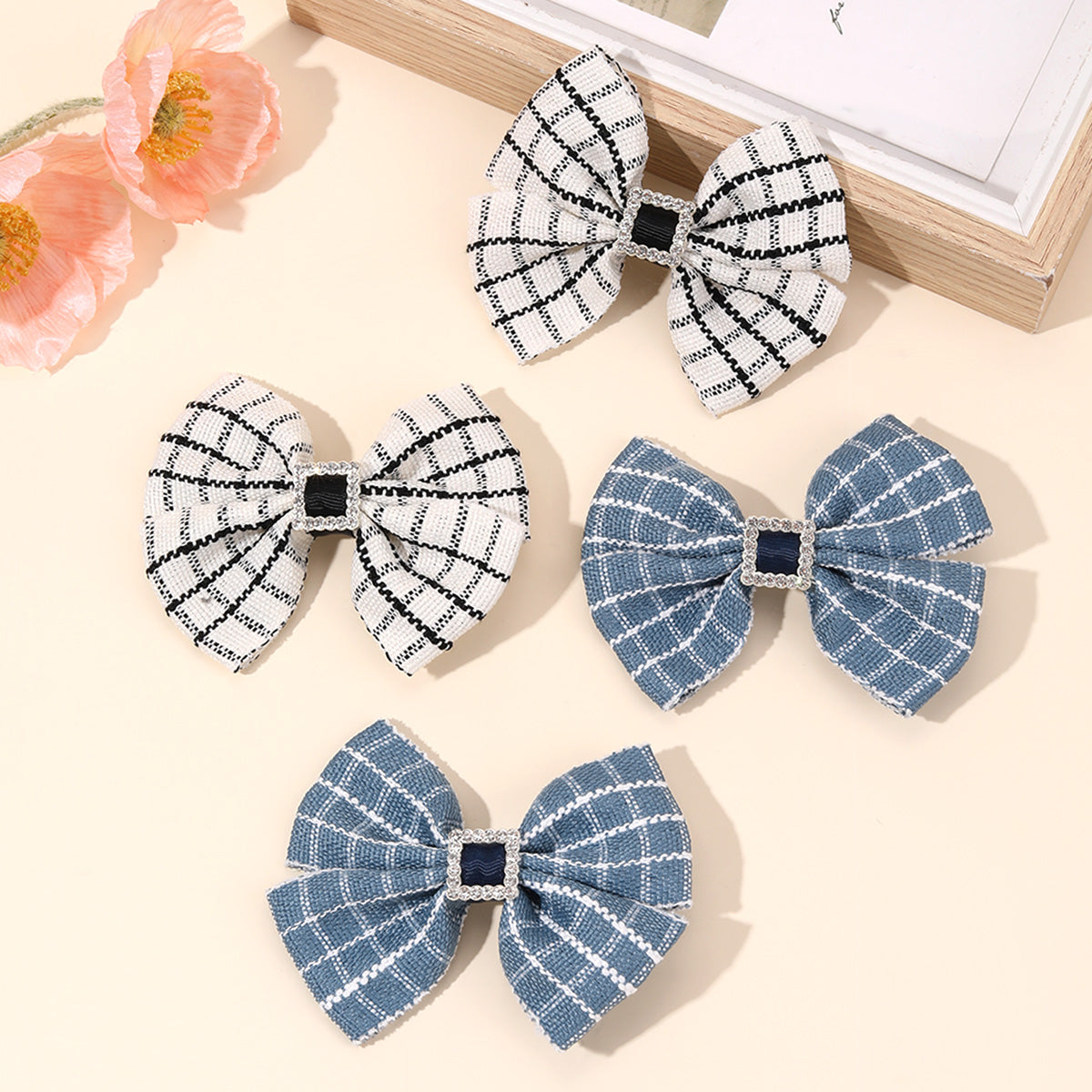Check Fabric Barratter with Sparkly Rhinetsone Hair Clip