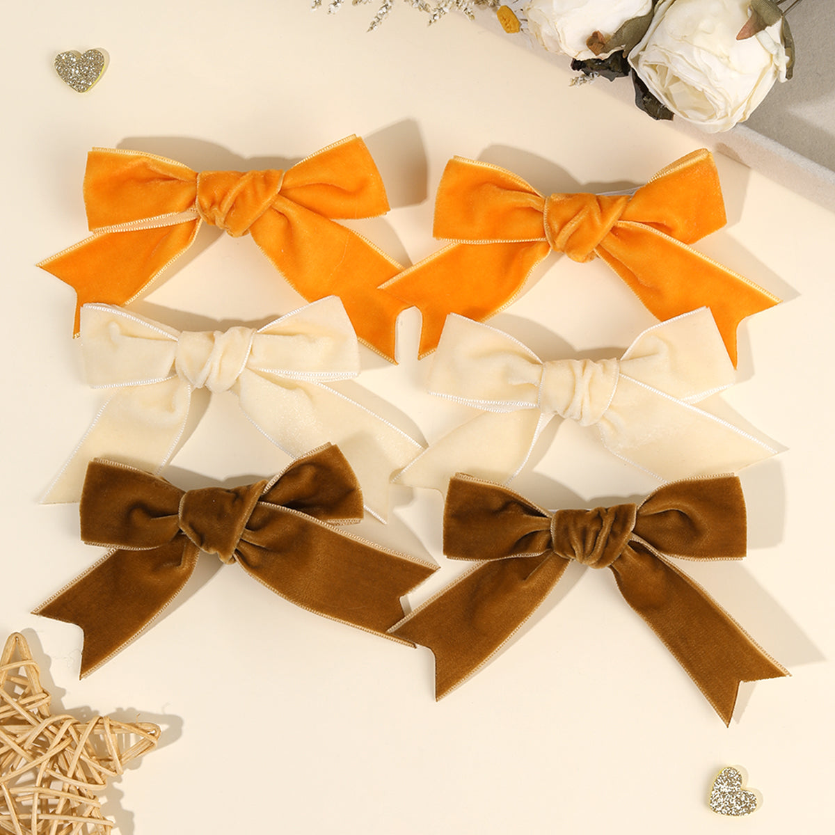 CN 6PCS Solid Color Velvet Boutique Hair Bow Clip