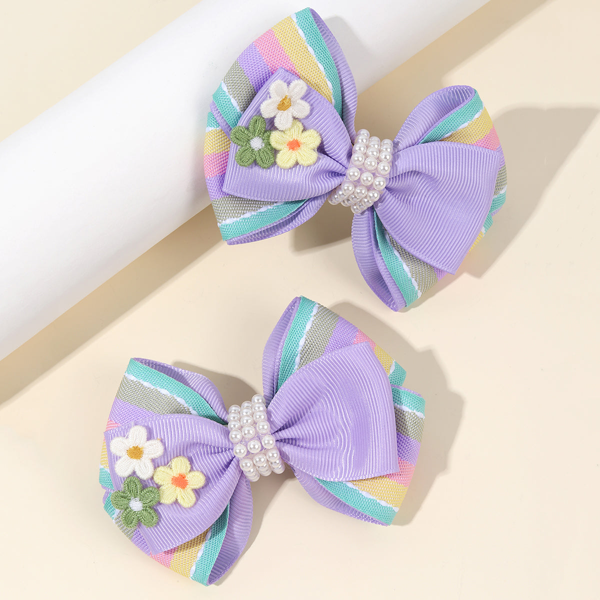 2Pcs Pastel Color Hair Bow Clips with Flower