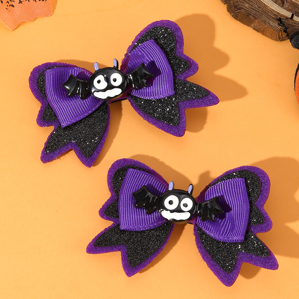 2Pcs Halloween Gorsgrain Ribbon Hair Bow Clip  Cartoon Glittter Halloween Hair Clip