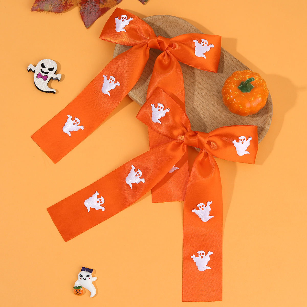 2Pcs Satin Print Ghost Halloween Hair Bow Clip