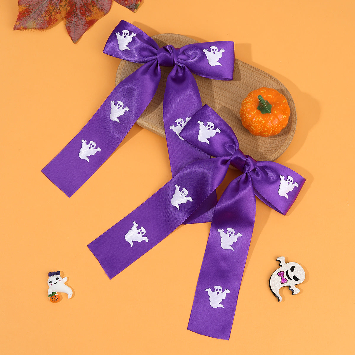 2Pcs Satin Print Ghost Halloween Hair Bow Clip