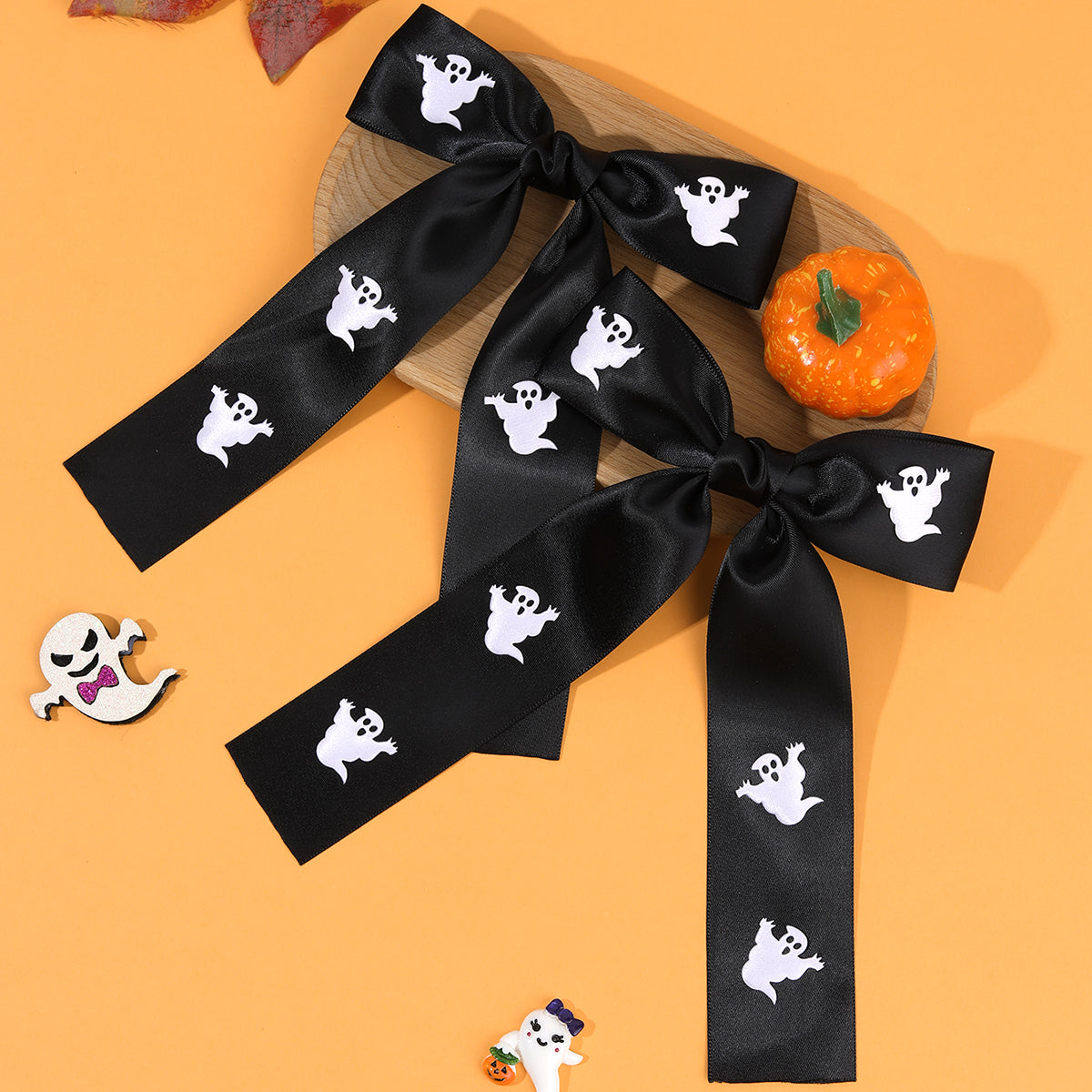 2Pcs Satin Print Ghost Halloween Hair Bow Clip
