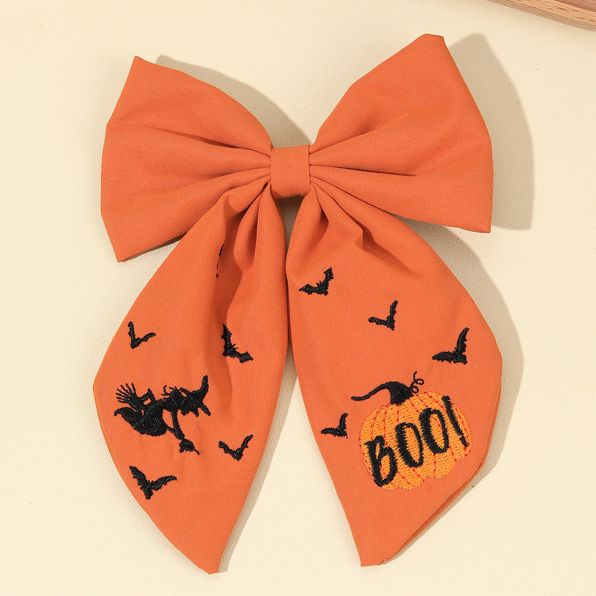 Big Fabric Embroidered Halloween Hair Bow Clip