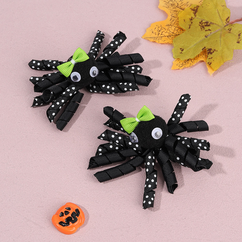 2Pcs Cartoon Spider Curly Ribbon Hair Bow Clip Girls Halloween Hair Clip