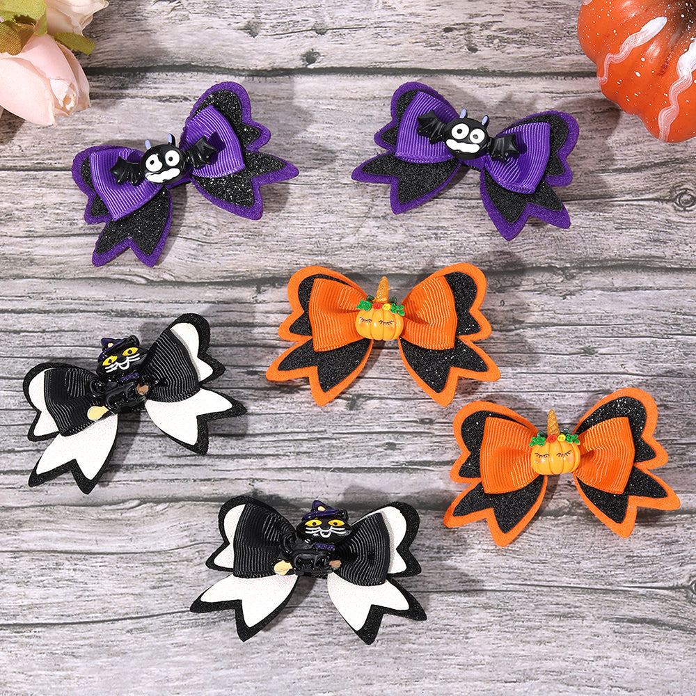 2Pcs Halloween Gorsgrain Ribbon Hair Bow Clip  Cartoon Glittter Halloween Hair Clip