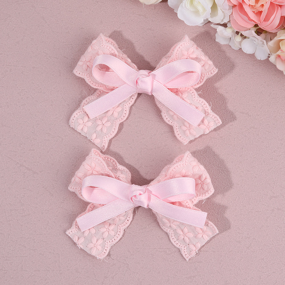 CN 2PCS Solid Color Lace Fabric Hair Bow Clip Girls Toddler