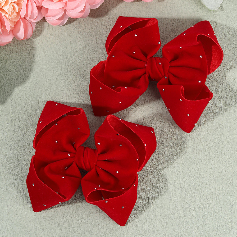 2Pcs Large Velvet Hair Bow with Sparkly Rhinestone Hair Clip Girls