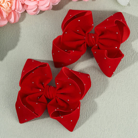 2Pcs Large Velvet Hair Bow with Sparkly Rhinestone Hair Clip Girls