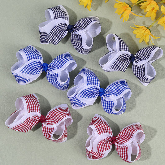 6PCS Checked Ribbon Uniform Hair Bow Clip Girls