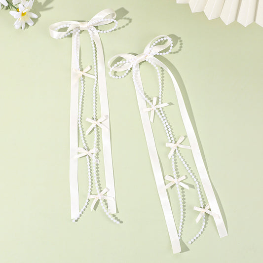 Korean Satin Long Tails Hair Clip with Bead Long Tails Hair Pins Women Girls