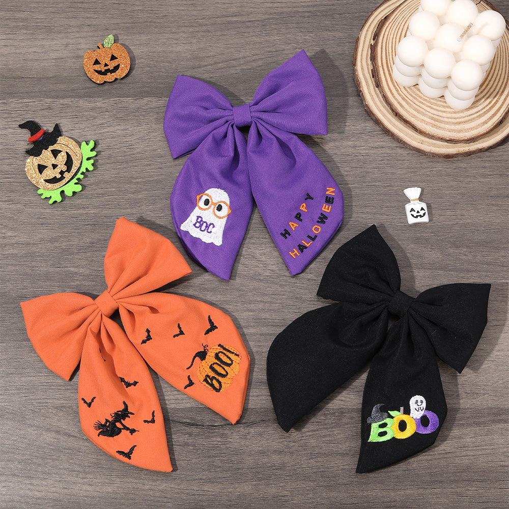 Big Fabric Embroidered Halloween Hair Bow Clip