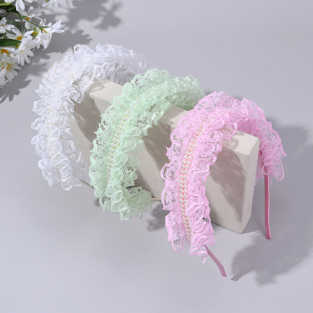 3Pcs Lace Bowknot Headband Mesh Pearl Girls Crown Hairband