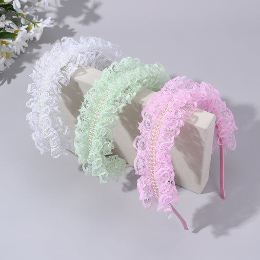 3Pcs Lace Bowknot Headband Mesh Pearl Girls Crown Hairband