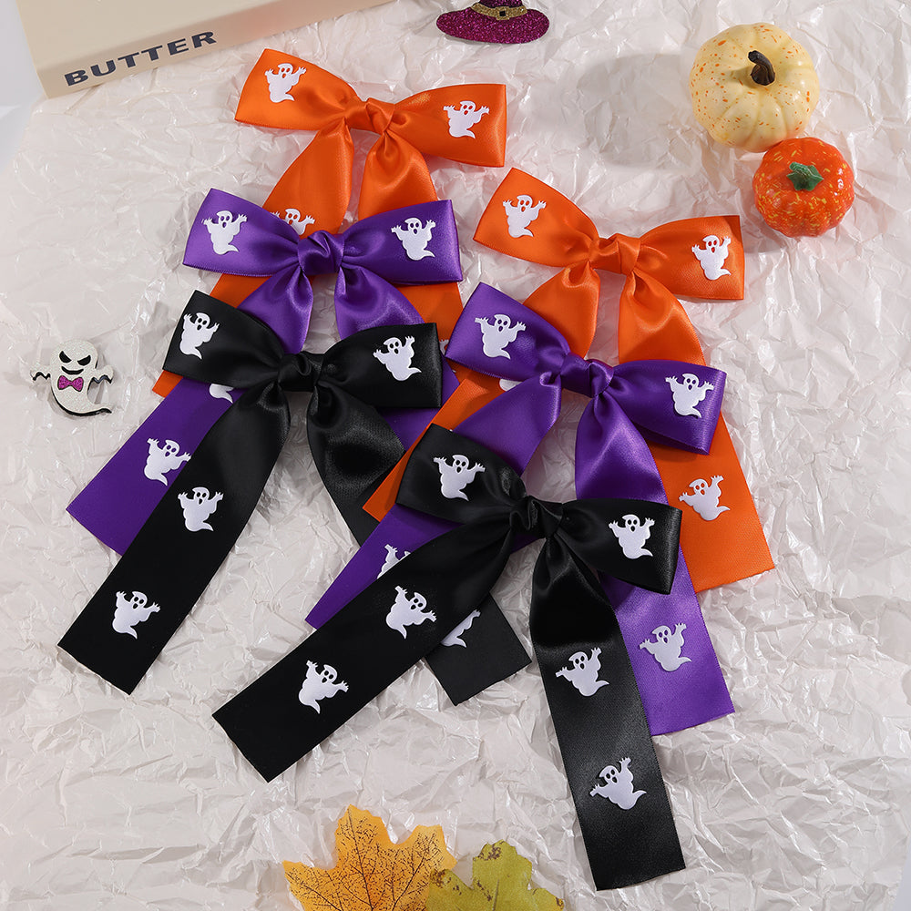 2Pcs Satin Print Ghost Halloween Hair Bow Clip