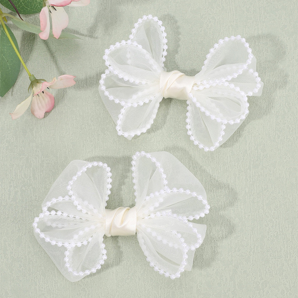 2PCS Mesh Hair Bow Pearl Edge Hair Clip Girls