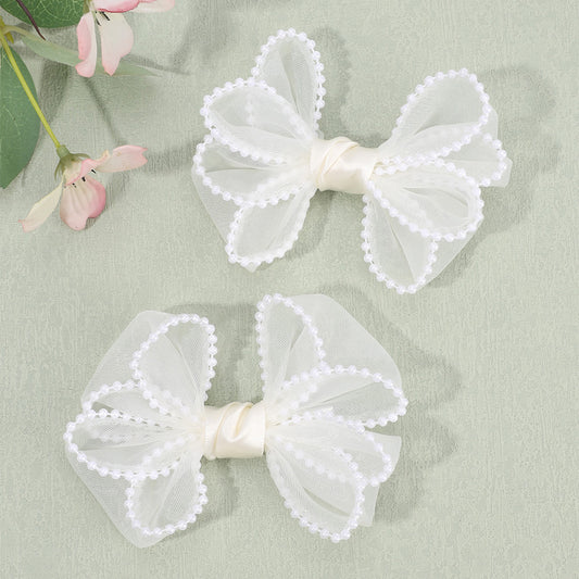 2PCS Mesh Hair Bow Pearl Edge Hair Clip Girls