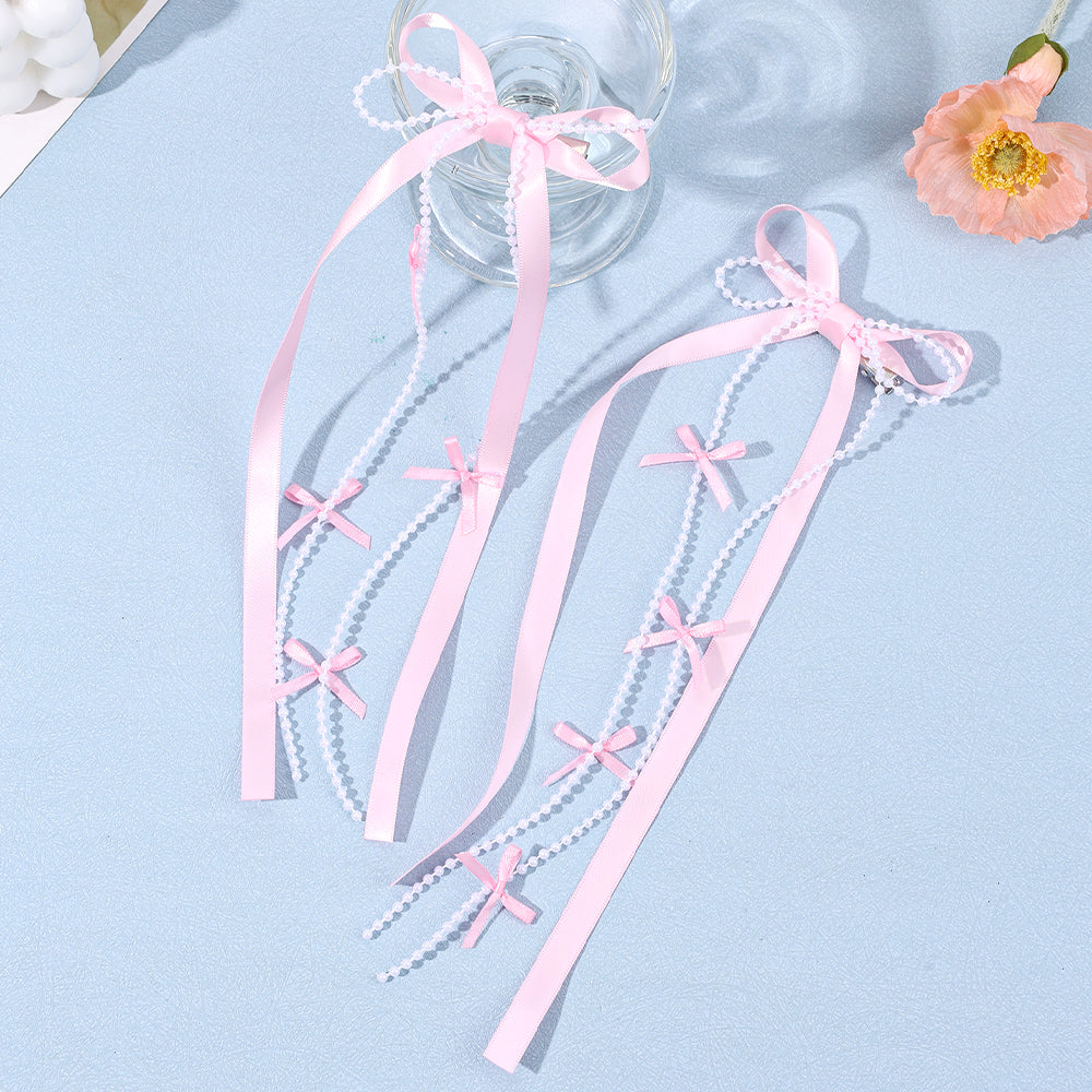 Korean Satin Long Tails Hair Clip with Bead Long Tails Hair Pins Women Girls