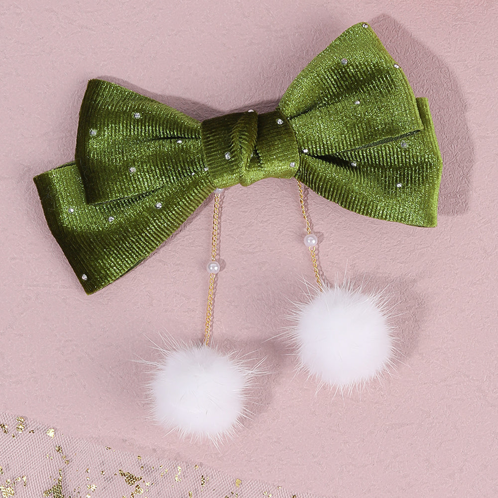 Winter Velvet Hair Bow Rhinestone Pom Pom Tassel Hair Clip Girls