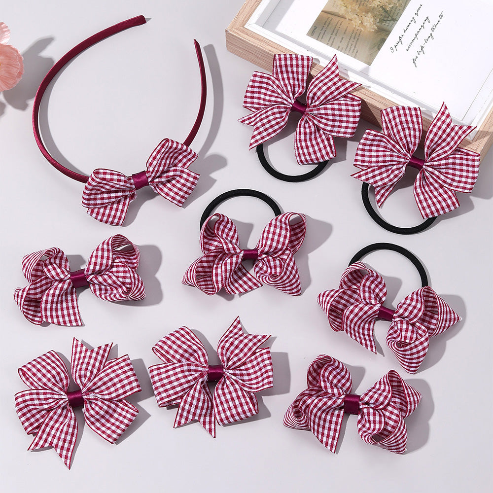 9PCS Ribbon Checked Boutique Hair Bow Set for Girls