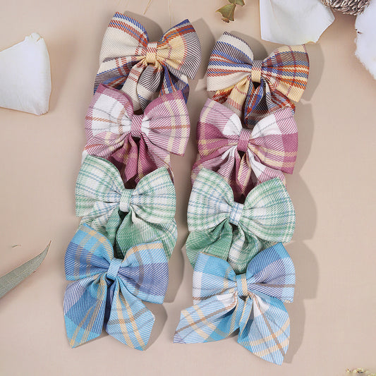 8PCS Girls Check Fabric Hair Bow Clip