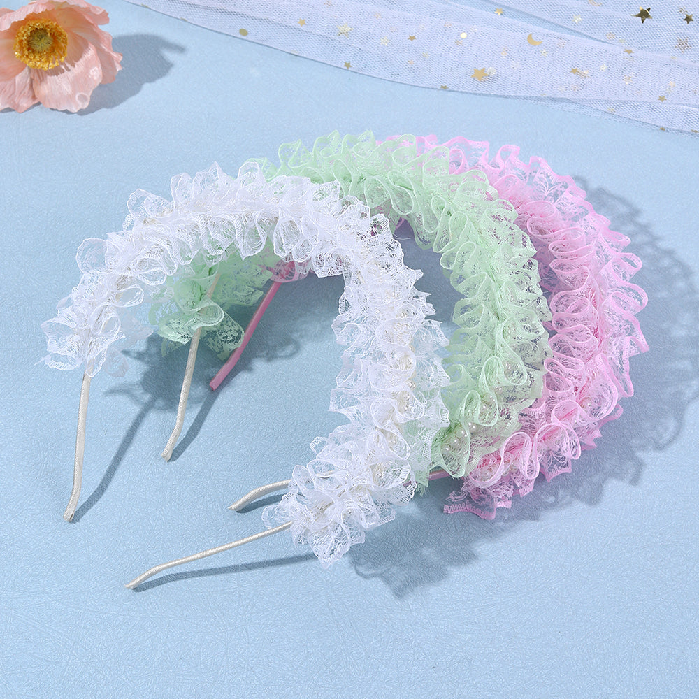 3Pcs Lace Bowknot Headband Mesh Pearl Girls Crown Hairband