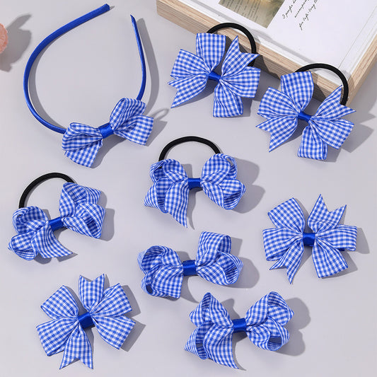 9PCS Ribbon Checked Boutique Hair Bow Set for Girls