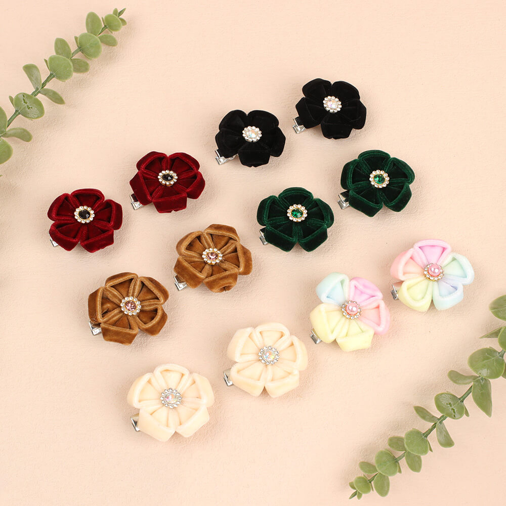 Velvet Flower Crystal Hair Clips for Girls