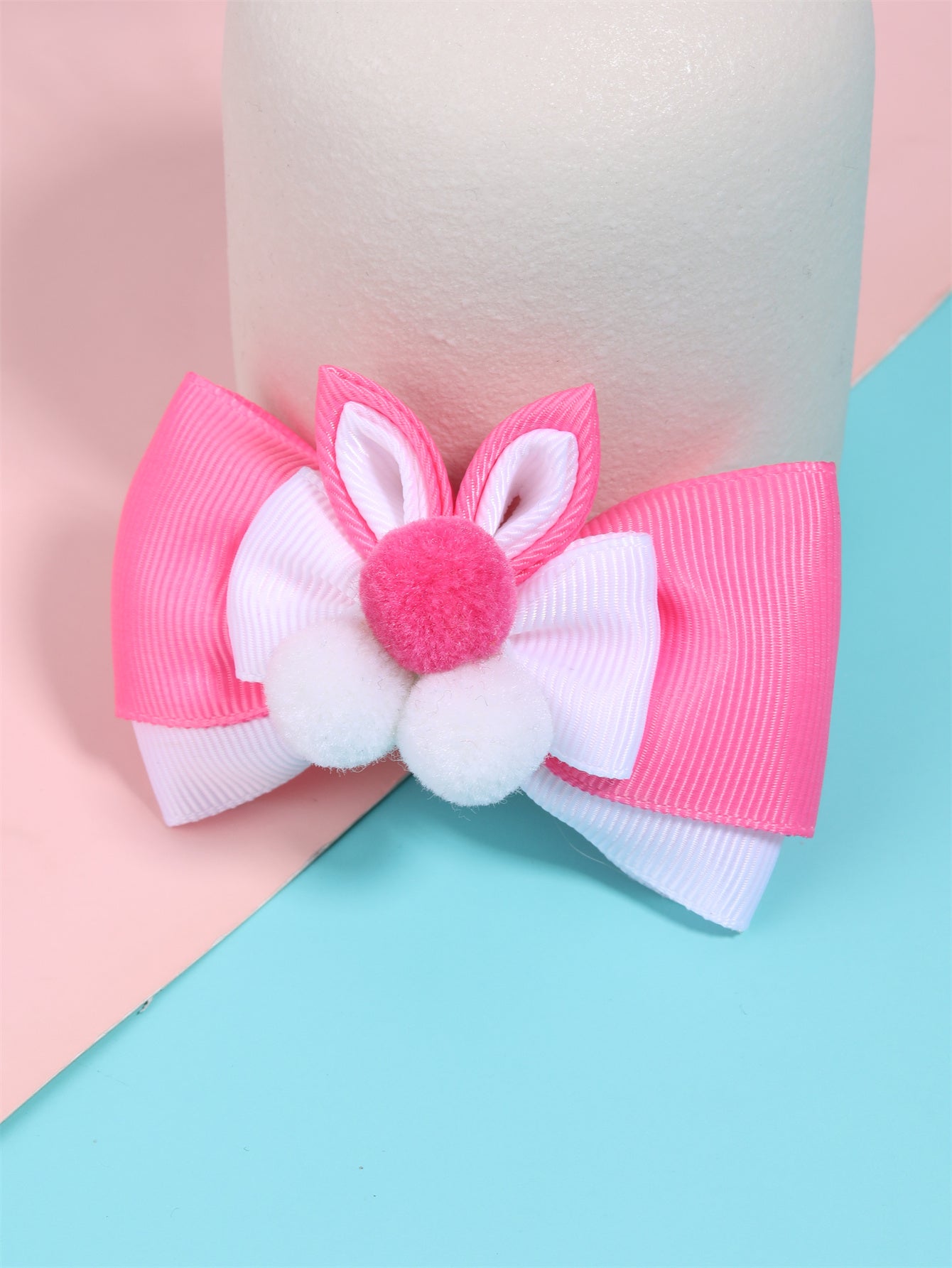 Easter Pink Bunny Hair Bow Pompom Hair Clips