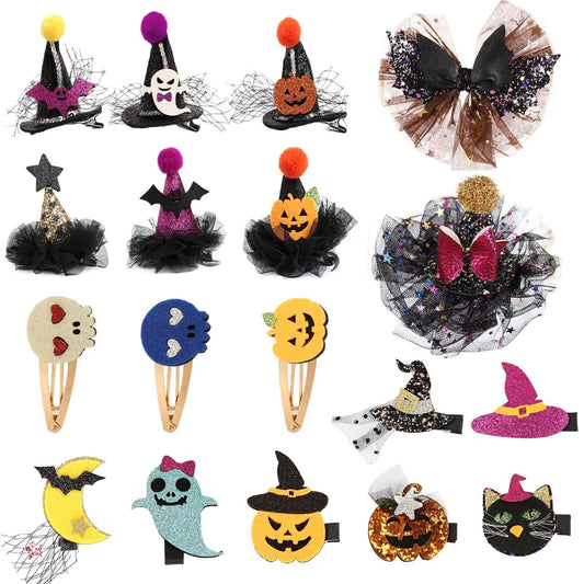 Glitter Cat Pumpkin Halloween Hair Clips