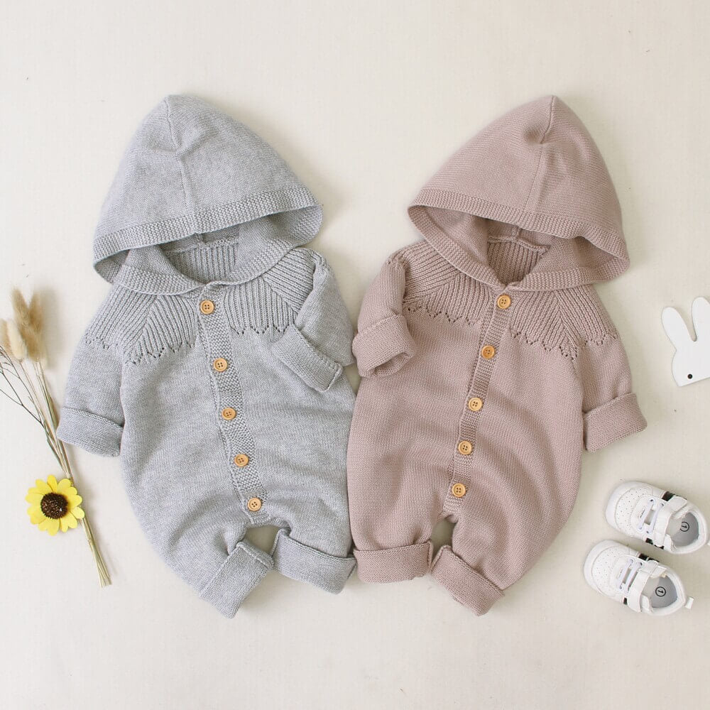 Light Color Hooded Knitted Baby Romper