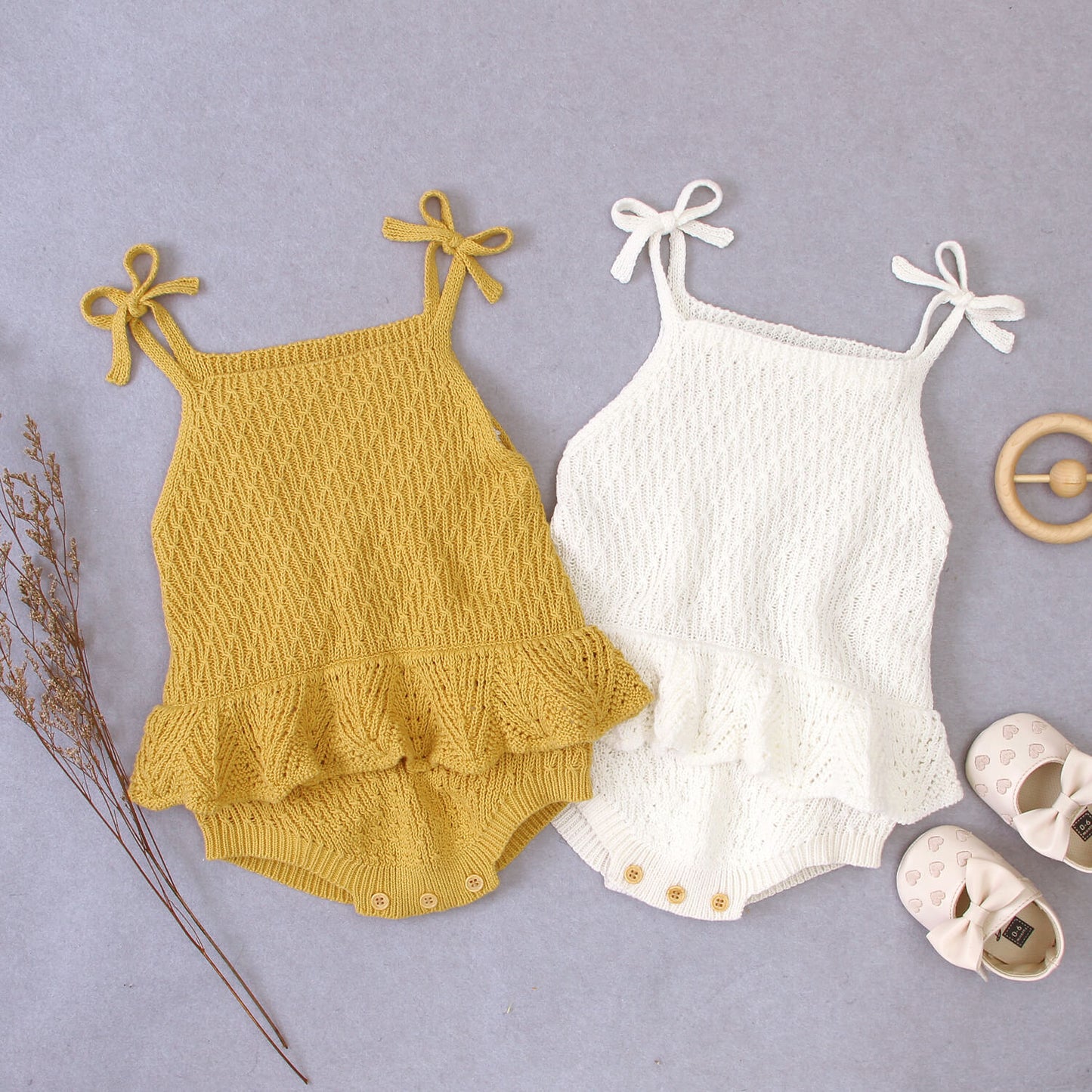 Knitted Cotton Lace-up Ruffled Romper