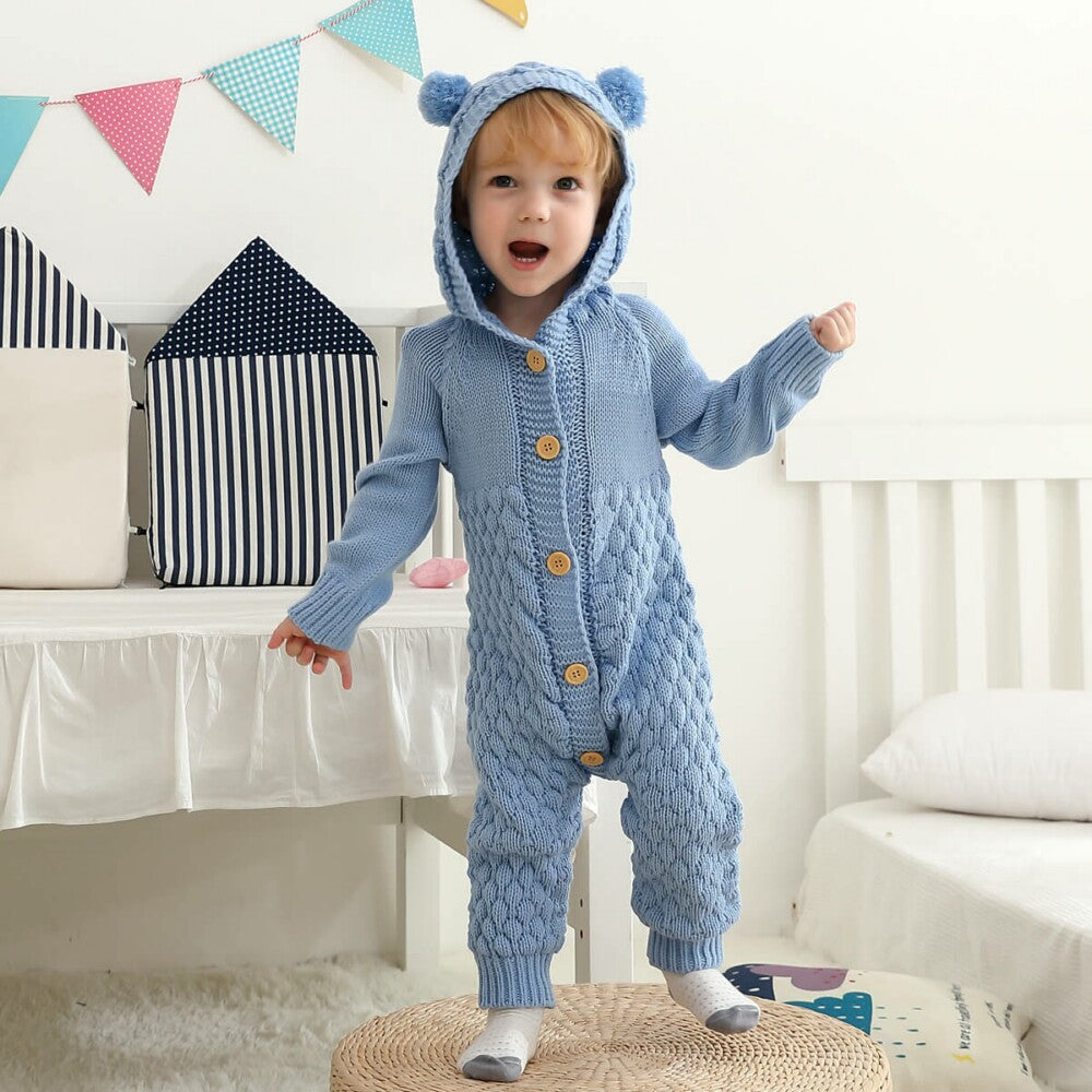 Furry Ball Hooded Knitted Baby Romper